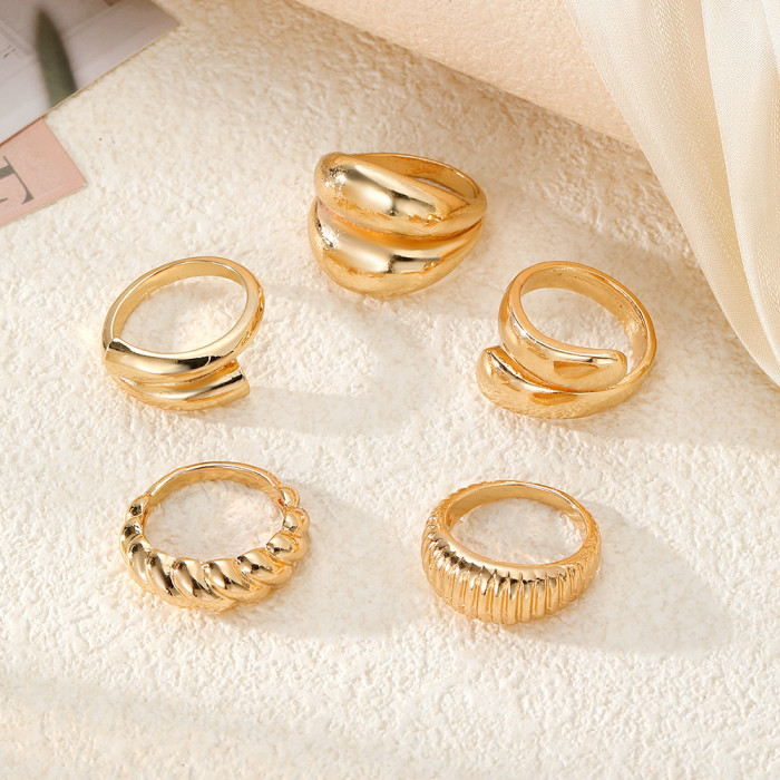 European and American Cross-Border Hot-Selling Niche Alloy Texture Smooth Ring Set Exaggerated Geometric Open Ring 5-Piece Set