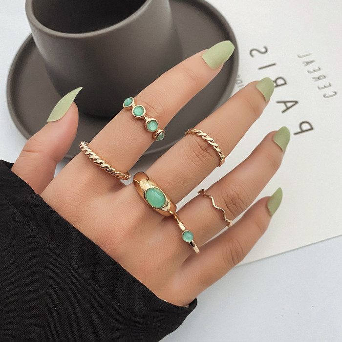 New Style Pine Green Stone Braided Ring 6-Piece Set Gold Wave Knuckle Ring Green Pine Stone Women's Ring