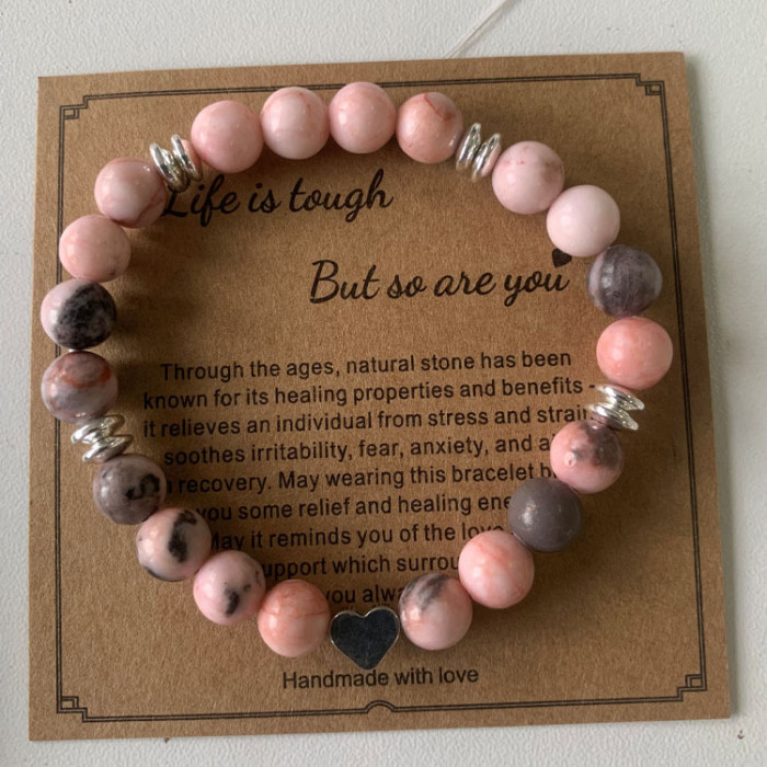 8mm Pink Zebra Stone Bead Bracelet with Card, Holiday Gift for Men and Women, Friendship Heart Bead Bracelet, Wholesale Hot Item