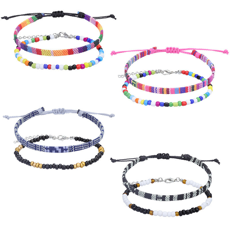 Amazon Hot Sale New Bohemian Style Rice Bead Woven Anklet Colorful Fabric Foot Jewelry Set Manufacturer In Stock