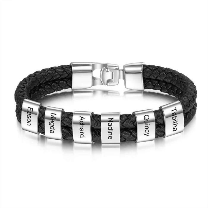 Men's Leather Bracelet Black Braided Leather Rope Name Engraved Bracelet Men's Double Layer Stainless Steel Engraved...
