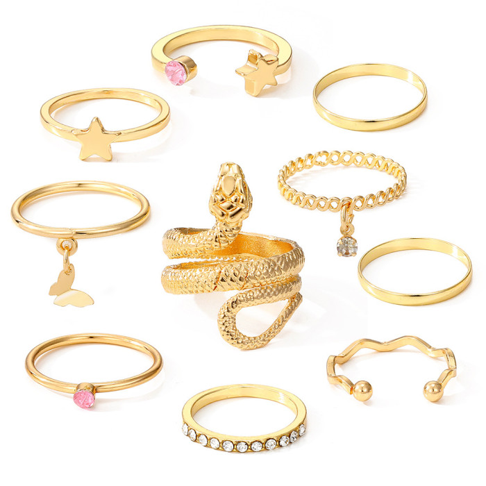 European and American 10-Piece Set Heart Alloy Rings Cross-Border Hot-Selling Butterfly Rings Open Gold Multi-Joint Ring Set