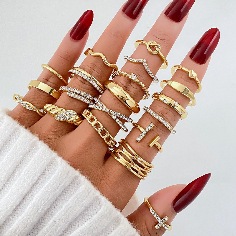 European and American Cross-Border New Style Diamond Cross Knot Heart Spiral Ring 20-Piece Set Adjustable Open Rings