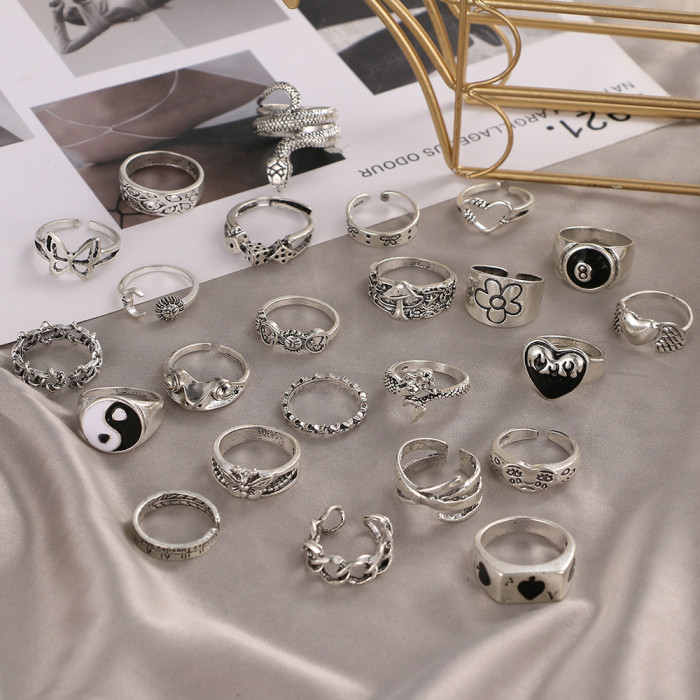 Korean Jewelry AliExpress Hot Sale European and American Retro Heart Butterfly Flower Snake-Shaped Ring Large Set 24-Piece Ring Set