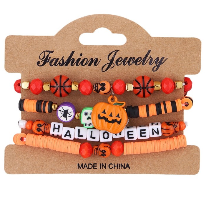 Halloween Multi-layer Bat Pumpkin Spider Hanging Bracelet Artificial Crystal Soft Clay Beaded Party Bracelet Halloween
