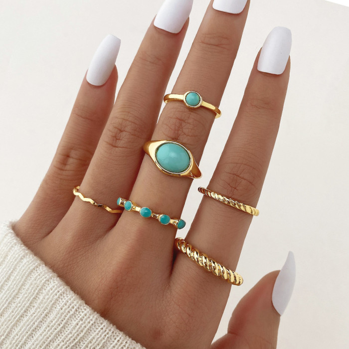 New Style Pine Green Stone Braided Ring 6-Piece Set Gold Wave Knuckle Ring Green Pine Stone Women's Ring