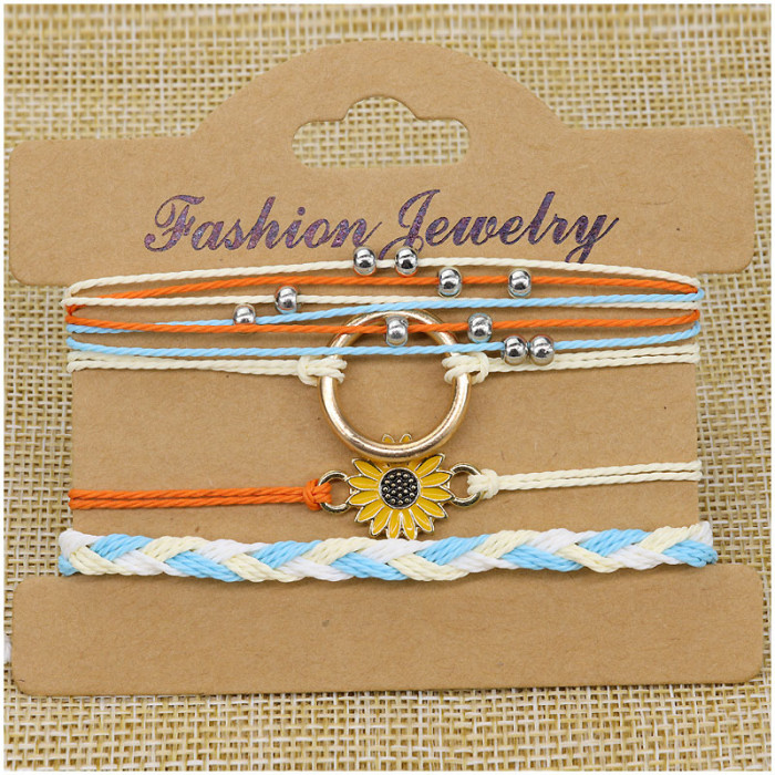 European and American Beach Surfing Hand Rope Waterproof Wax Thread Hand-woven Sunflower Bracelet Girl Friendship Bracelet 4-piece Set