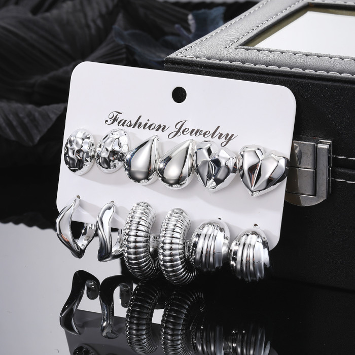 Retro Fashion Exaggerated C-Shaped Earrings Set Personality Hoop Gold Silver CCB Card Earrings for Women, Jewelry Sets