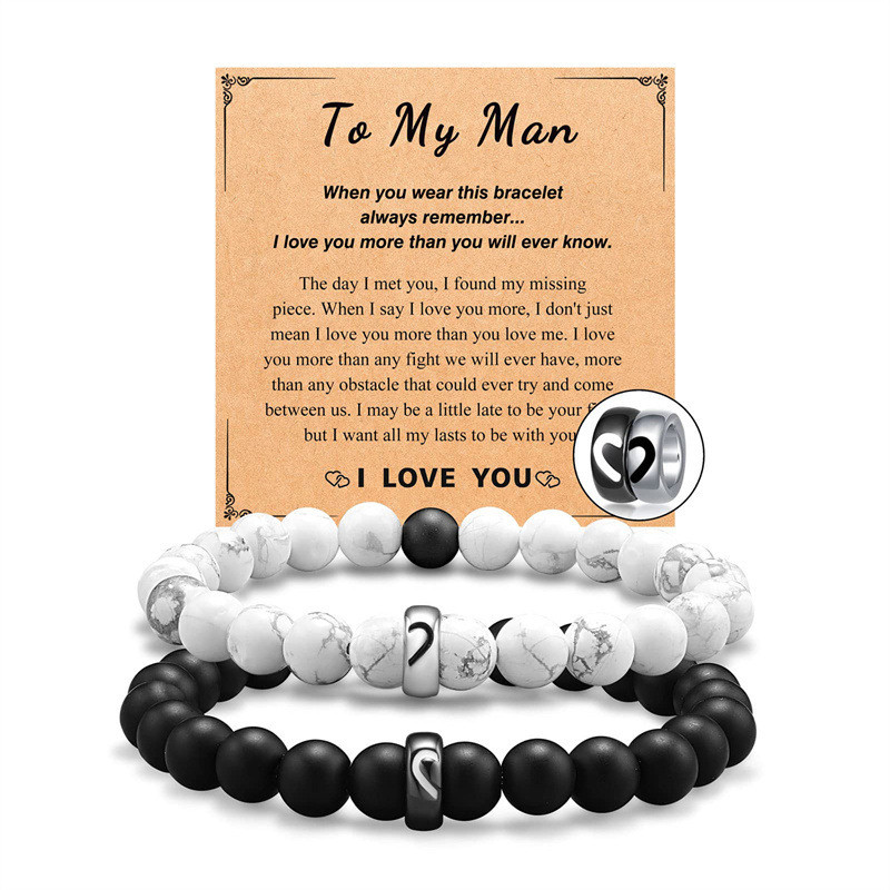 Hot-Selling White Pine Matte Bead Bracelet Set Black and White Beaded Couple Bracelets Pair of Heart Stainless Steel Beads