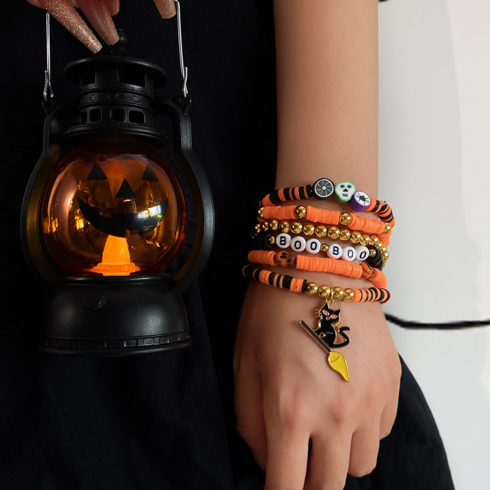 Halloween Multi-layer Bat Pumpkin Spider Hanging Bracelet Artificial Crystal Soft Clay Beaded Party Bracelet Halloween