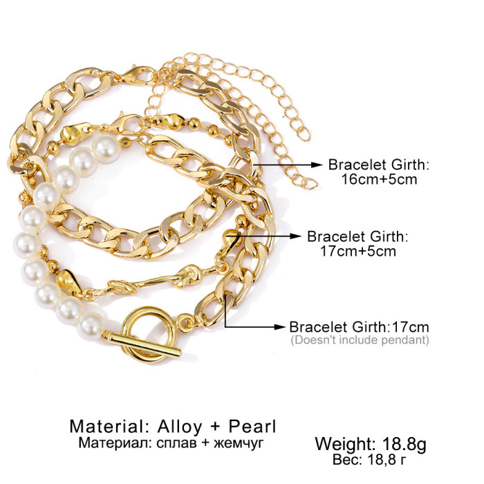 Thick Alloy Chain Personality Bracelet Creative Heart Pearl Multi-Layer Chain OT Bracelet Set of 3, Jewelry Sets