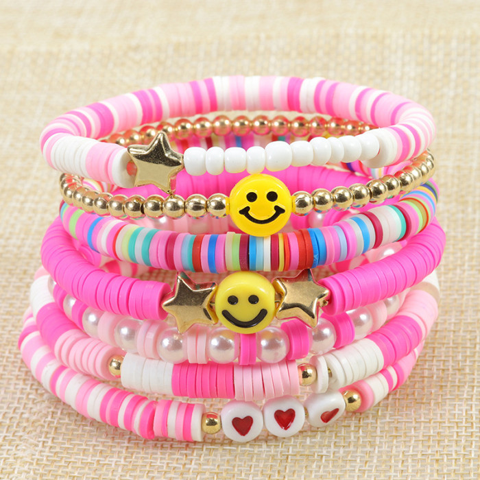 Cross-Border New Colorful Soft Clay Bracelet Sunflower Smiley Face Bracelet Set Pearl Letter Heart Multi-Layer Bracelet