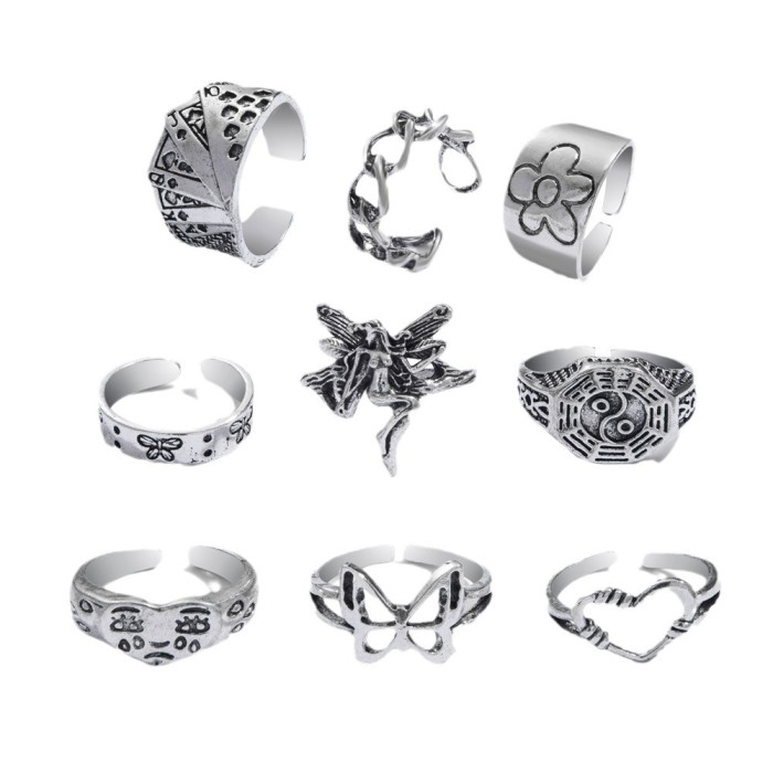 European and American Cross-Border Vintage Distressed Butterfly Snake-Shaped Ring Set Combination Open Multi-Joint Ring Set 9-Piece Set
