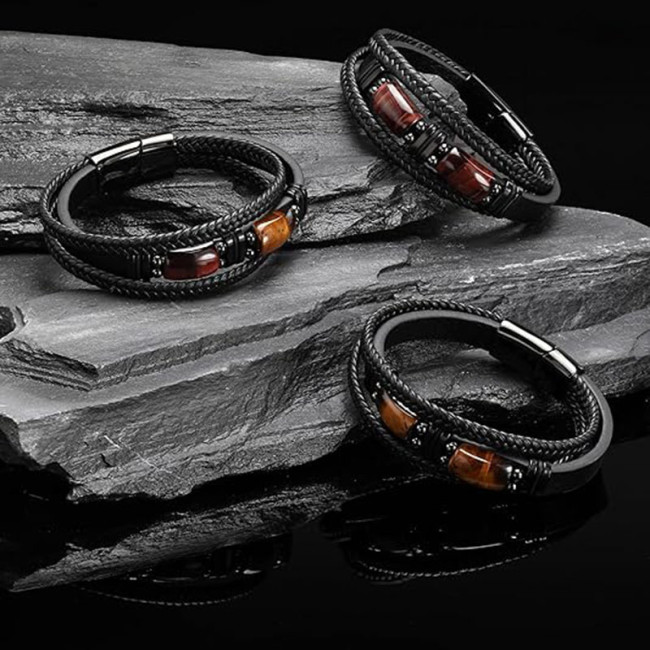 Amazon Hot-Selling Men's Retro Style Leather Bracelet European and American Hot-Selling Tiger Eye Stone Bracelet Cross-Border Stainless Steel Bracelet