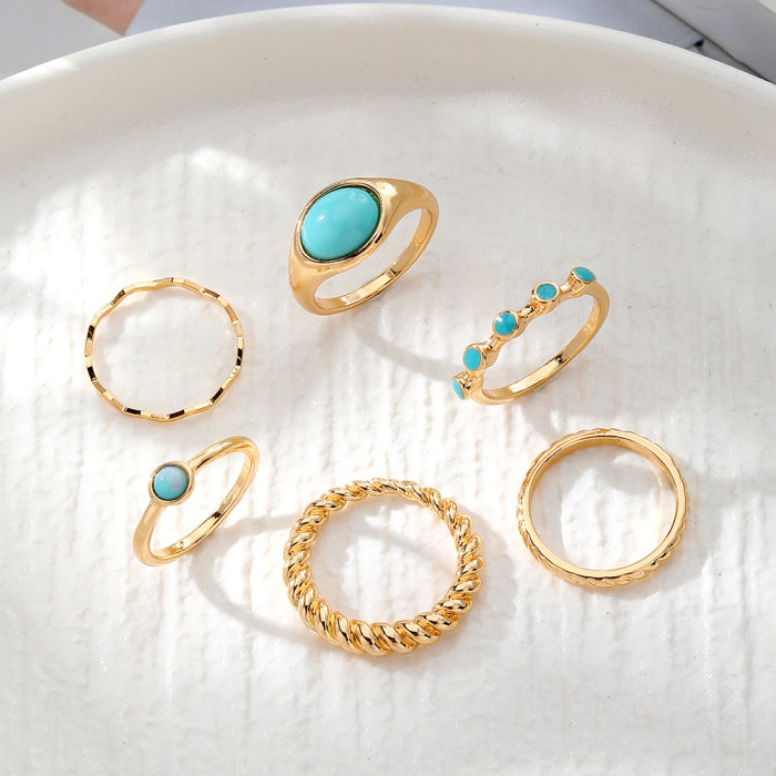 New Style Pine Green Stone Braided Ring 6-Piece Set Gold Wave Knuckle Ring Green Pine Stone Women's Ring