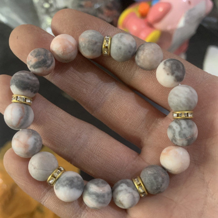 Cross-Border New 10mm Pink Zebra Stone Beaded Bracelet with Diamond Circle Elastic Heart Bracelet Amazon