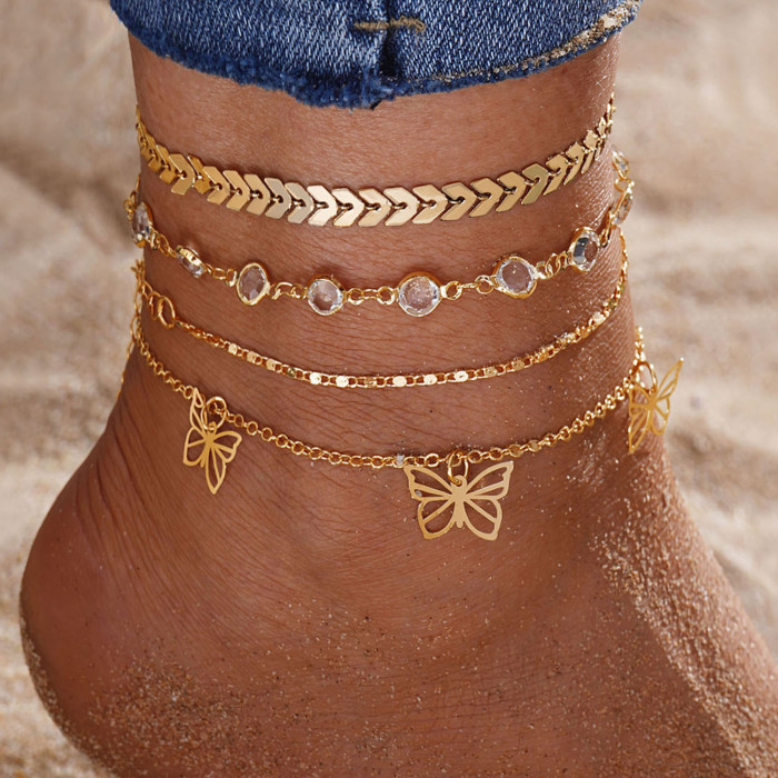 European and American Cross-Border New Fashion Women's Hollow Heart Sequin Butterfly Summer Beach Style Anklet Five-Piece Set Foot Jewelry