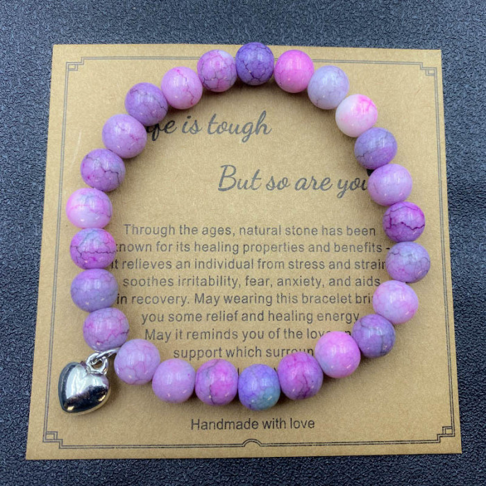 8mm Pink Zebra Stone Bead Bracelet with Card, Holiday Gift for Men and Women, Friendship Heart Bead Bracelet, Wholesale Hot Item
