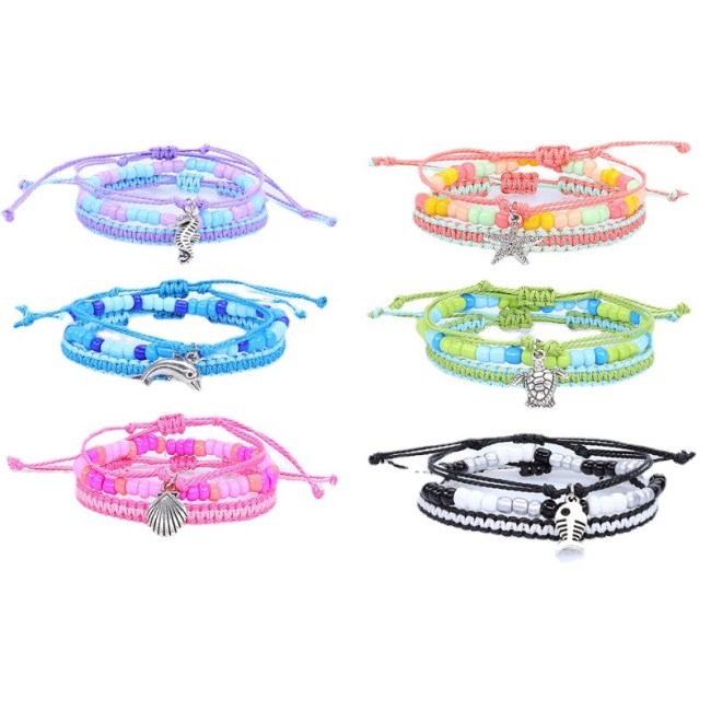 Bohemian Style Summer New Cross-Border Ocean Series Bracelet with Starfish, Turtle, Dolphin Pendant and Rice Beads Set