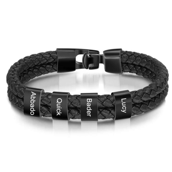 Men's Leather Bracelet Black Braided Leather Rope Name Engraved Bracelet Men's Double Layer Stainless Steel Engraved...