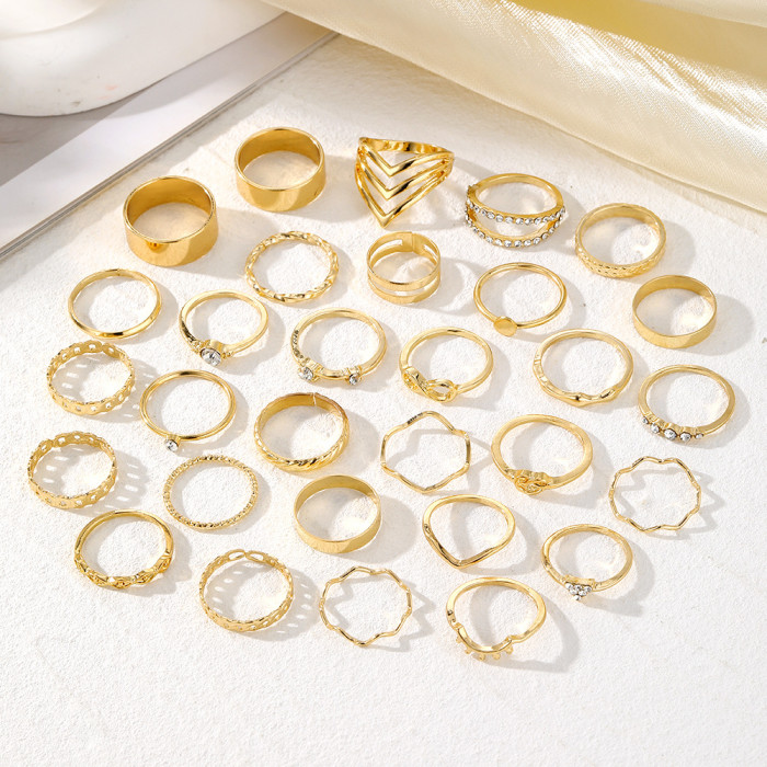 European and American Cross-Border Eyelash Wave Heart Triangle with Rhinestone Ring 30-Piece Set Infinite Love 8-Shape Gold Alloy Ring