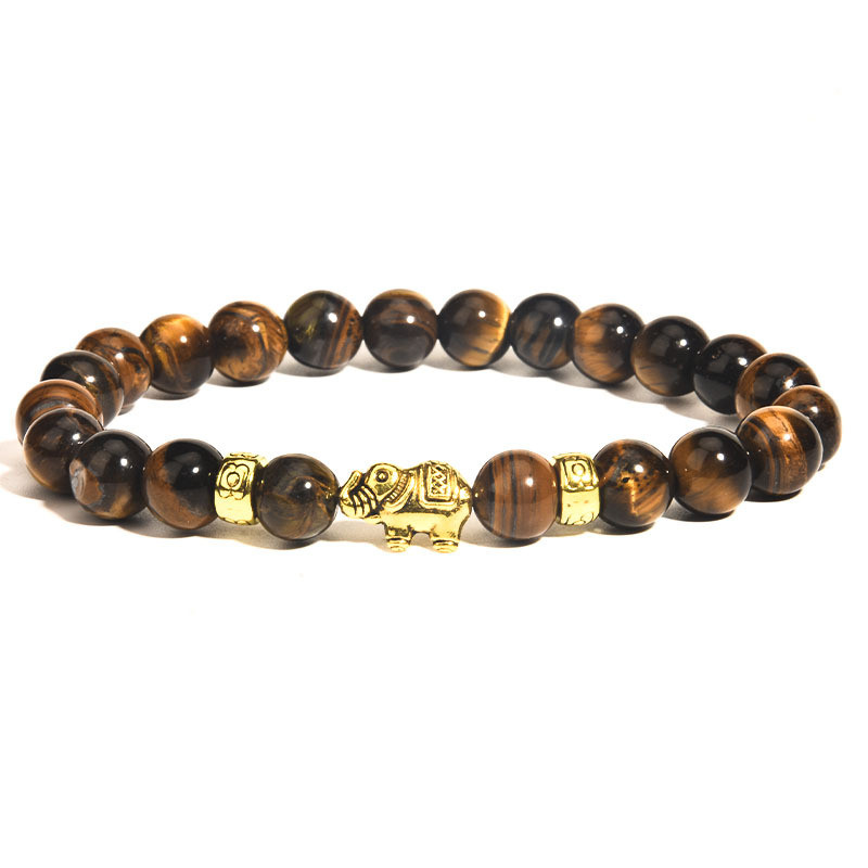 Cross-Border Hot Sale 8mm Tiger Eye Stone Black Lava Volcanic Stone Small Elephant Unisex Fashion Bracelet Jewelry