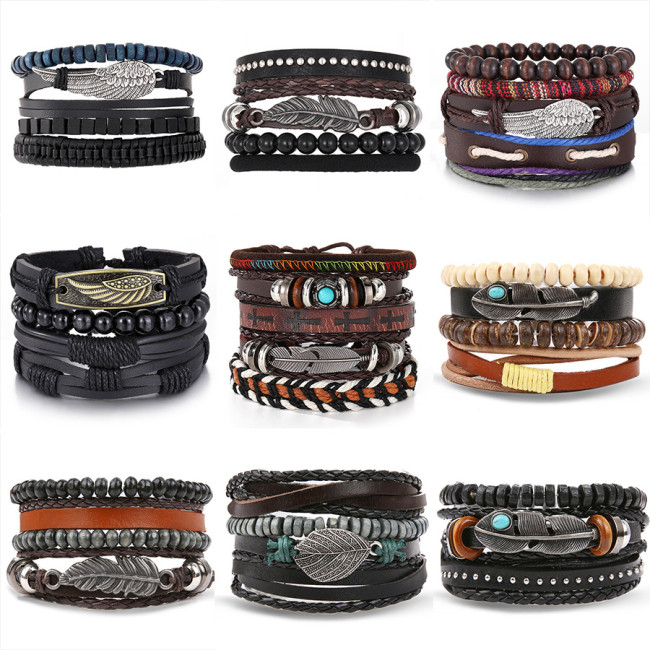 European and American Cross-Border Jewelry Simple Hand-Woven Vintage Feather Nameplate Bracelet Men's Faux Leather Bracelet Hand Accessories