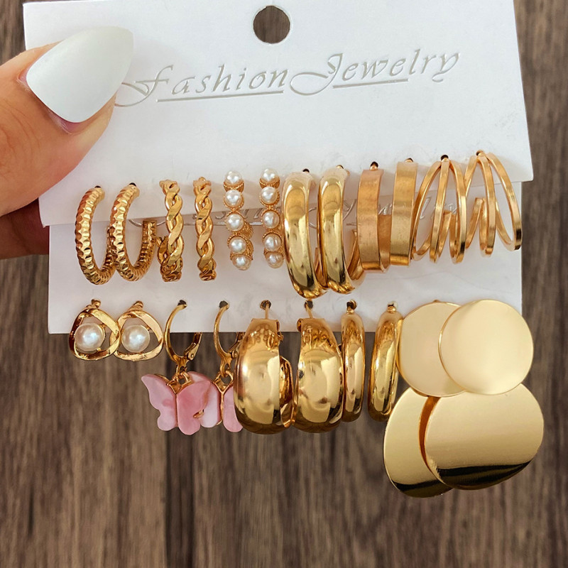 European and American Style Hoop Earrings Square Geometric Earrings Vintage Anti-Pearl Earrings High-End Earrings Set for Women 5 Pieces