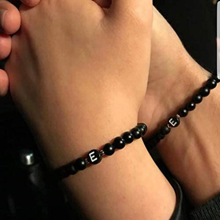 Wish Hot Sale 6MM Black Matte Imitation Obsidian Beads 26 Letter Bracelet Personalized Couple Jewelry Cross-Border