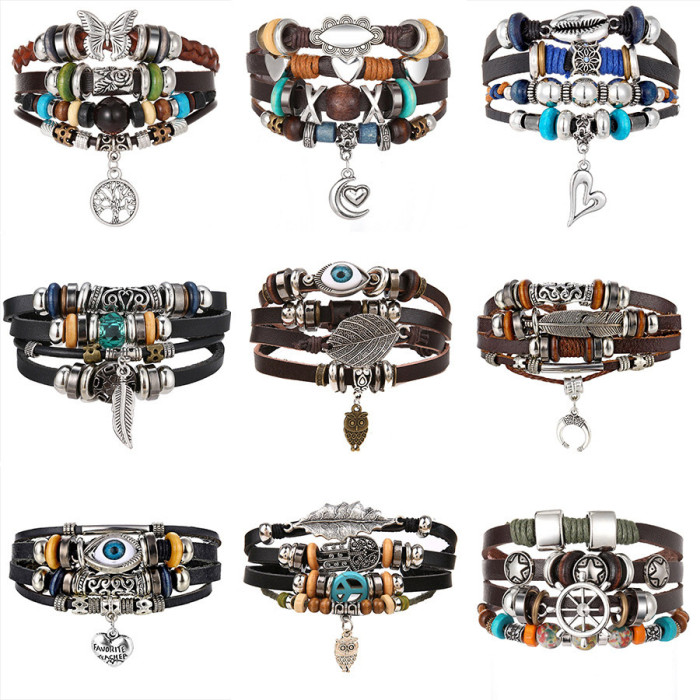 Cross-Border Turquoise Men's Woven Faux Leather Bracelet Multi-Layer Leaf Pendant Beaded Women's Bracelet Wholesale
