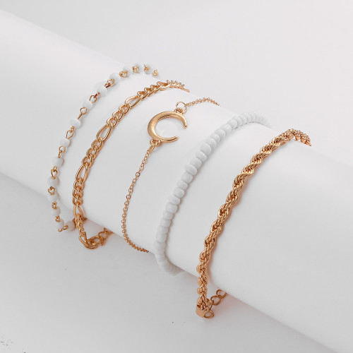 Cross-Border New Bracelet Set Fashion Street Style White Rice Bead Chain Braided Moon Multi-Layer Bracelet 5-Piece Jewelry Set for Women