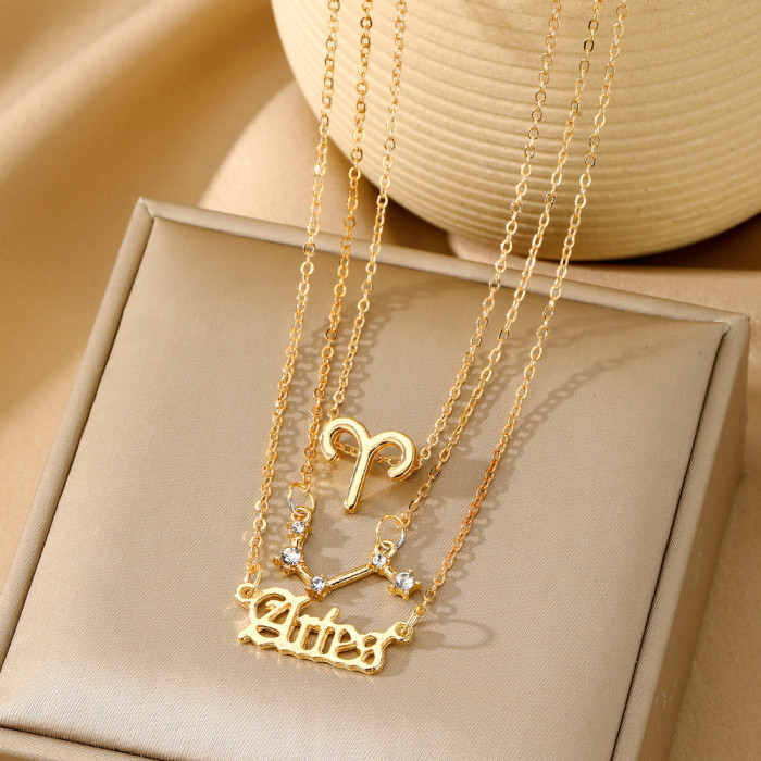 Twelve Constellations Alloy Necklace for Women, Multi-Layer 12 Zodiac Gold Stone-Inlaid Necklace Set of 3, High-End...