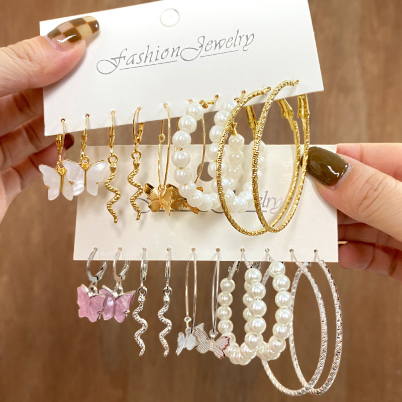 Korean Jewelry Cross-Border Alloy Earring Set with Diamond Studs Creative Simple Acrylic Butterfly Snake Pendant 1266