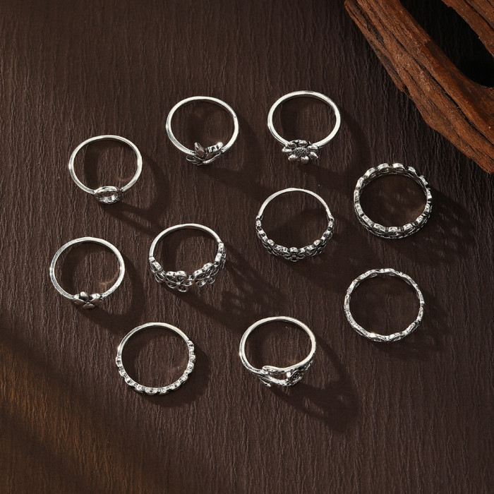 European and American Cross-Border Ring Set Irregular Long Flower Lotus Heart Joint Rings 10-Piece Set Knuckle Rings