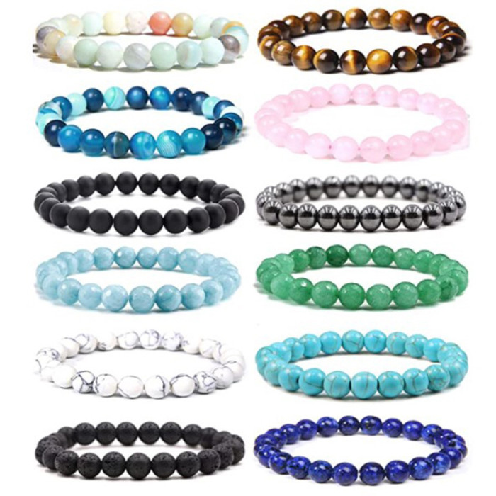 Amazon Hot Sale 8mm Stone Bracelet Amazon Volcanic Stone Tiger Eye Stone Rose Quartz Elastic Bracelet Set Wholesale