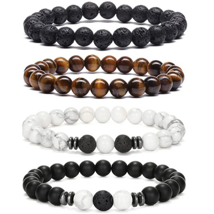 Hot-Selling Amazon European and American Men's Fashion Tiger Eye Volcanic Stone Bracelet White Pine Snowflake Bracelet Versatile Accessories