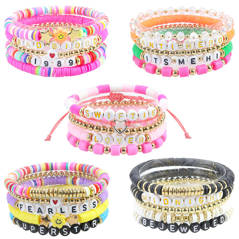 AliExpress Hot-Selling Soft Clay Set Bracelet Pink Soft Clay Smiley Face Letter Beads Bracelet Manufacturer Long-Term In-Stock Wholesale