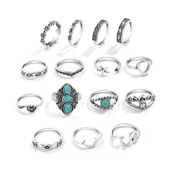 Ethnic Style Retro Inlaid Turquoise Carved Feather Ring Fashionable Personality 15-Piece Set Combination Ring Set