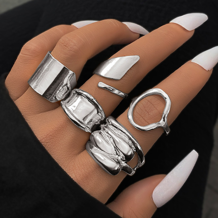 European and American Cross-Border Hot-Selling Hand Jewelry Personality Smooth Irregular Geometric Joint Ring Hip-Hop Style Women's 5-Piece Ring Set