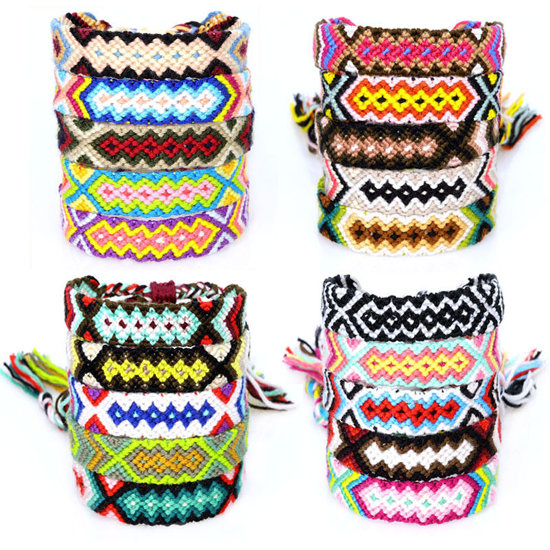 Ethnic Style Colorful Cotton Thread Friendship Bracelet Handmade Woven Rope Color-Block Exotic Pattern Knotted Bracelet Anklet