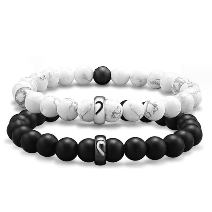 Hot-Selling White Pine Matte Bead Bracelet Set Black and White Beaded Couple Bracelets Pair of Heart Stainless Steel Beads