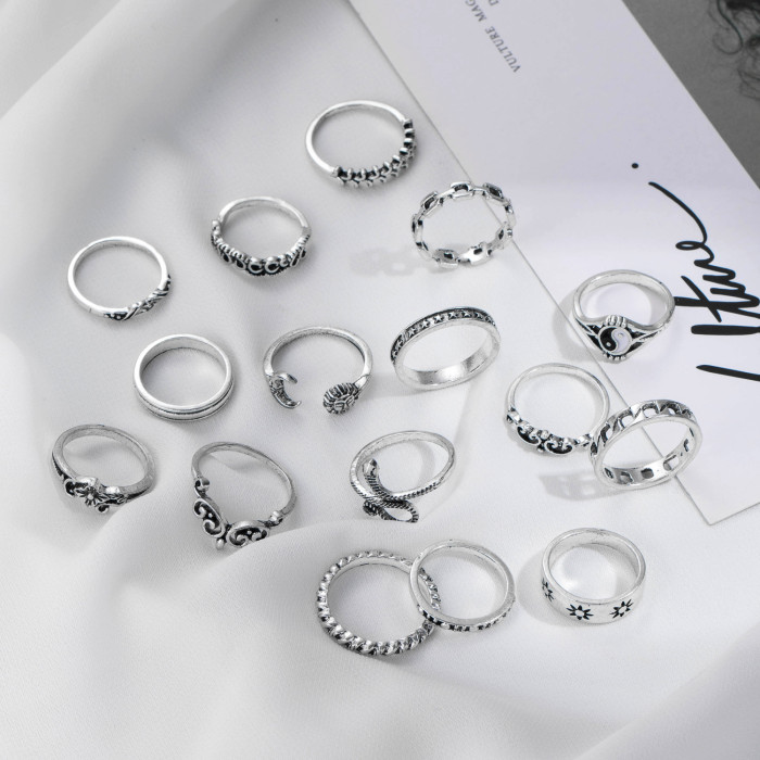 Korean Jewelry Fashion Cross-Border Hot-Selling Personality Retro Trendy Ring Yin Yang Relief Elephant Geometric Ring 16-Piece Set