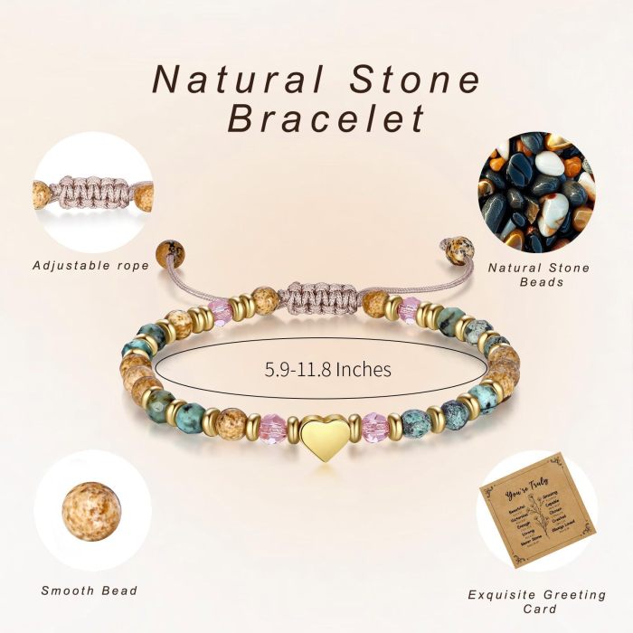 Natural Picture Stone Bracelet African Pine Heart Pendant Rose Quartz Gold Bead Spacer Bracelet Picture Stone Heart Bracelet
