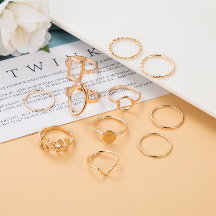 Cross-Border New Geometric Olive Branch Leaf Set 11-Piece Combination Creative Joint Ring for Women with Unique Design