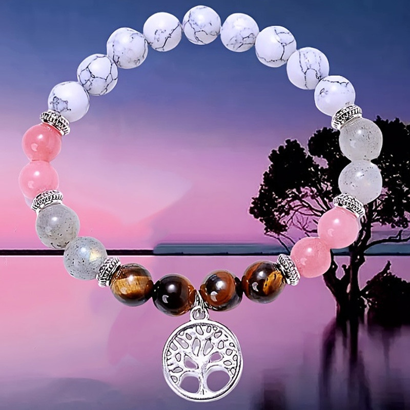 Temu Hot-Selling European and American Trend Tiger Eye Glitter Stone Agate Beaded Bracelet for Women Pink Quartz Yoga Halloween Bracelet