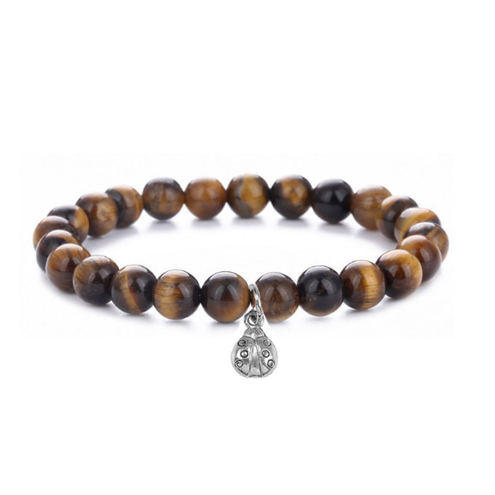 Amazon Hot-Selling Simple Women's Lapis Lazuli Rose Quartz Agate Tiger Eye Stone Water Drop Ladybug Pendant Bracelet Cross-Border