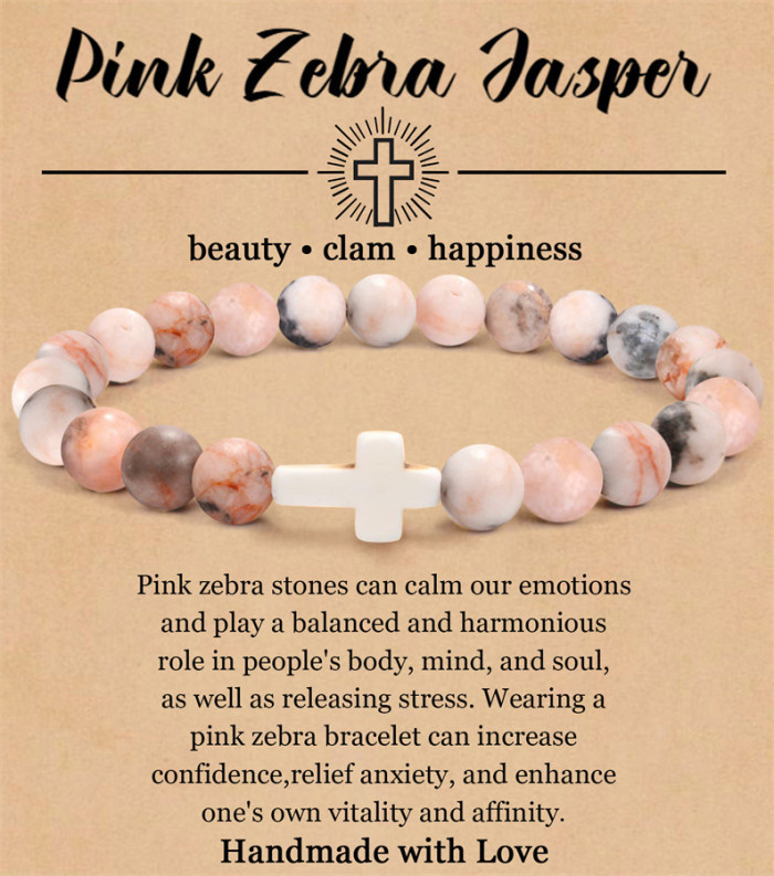 Cross-Border 8mm Pink Zebra Tiger Eye Cross Bracelet Pink Malachite Elastic Beaded Bracelet for Men and Women