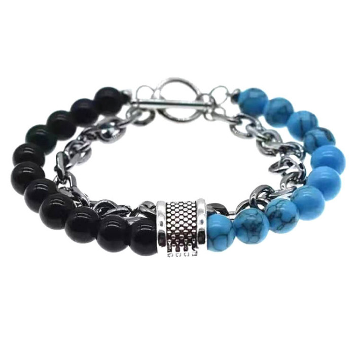 European and American Style Beaded Matte Map Stone Men's Bracelet Beaded Metal Bracelet Jewelry Cross-Border Hot-Selling Handmade