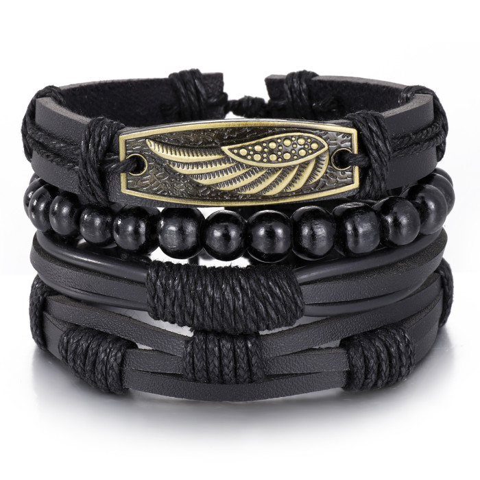 European and American Cross-Border Jewelry Simple Hand-Woven Vintage Feather Nameplate Bracelet Men's Faux Leather Bracelet Hand Accessories