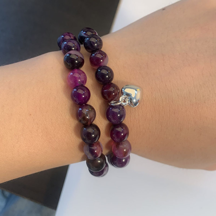Pink Zebra Stone Bracelet Set Girl Gift Purple Striped Rose Red Agate Round Beads Bracelet Amethyst Bracelet Cross-Border